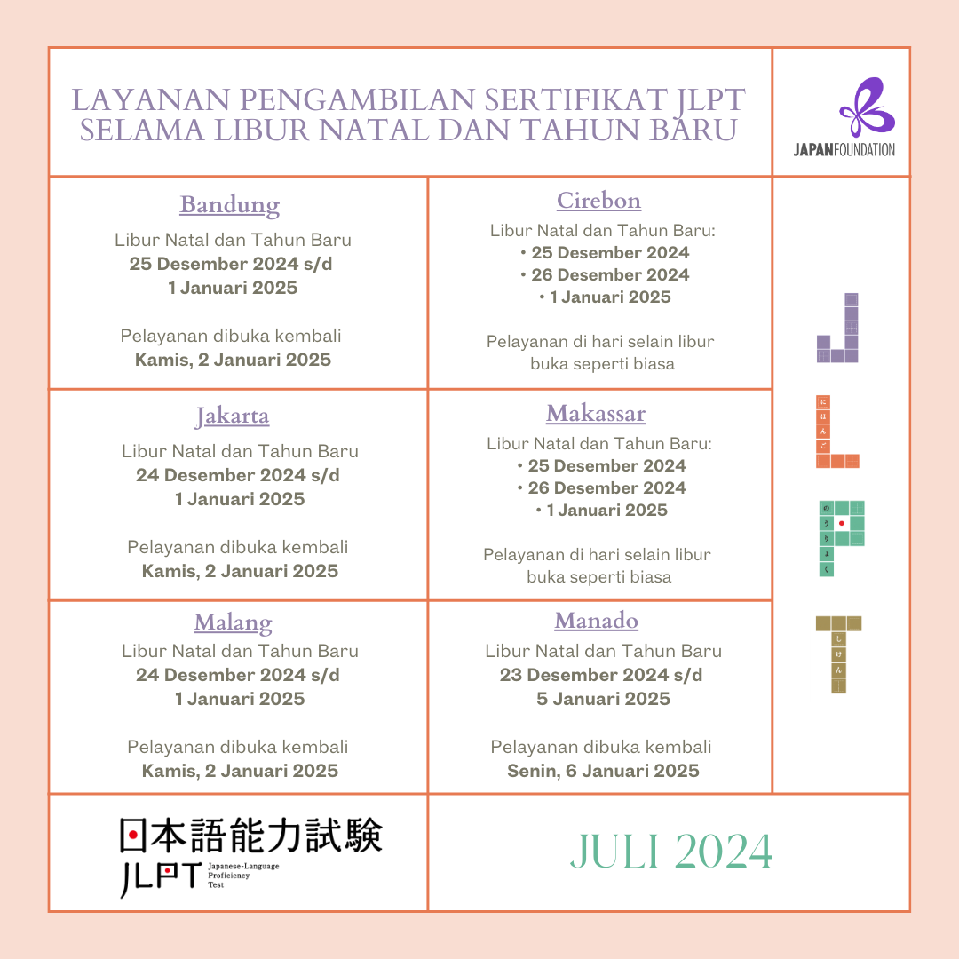 Layanan Pengambilan Sertifikat JLPT 2024 (Juli) selama libur Natal dan Tahun Baru